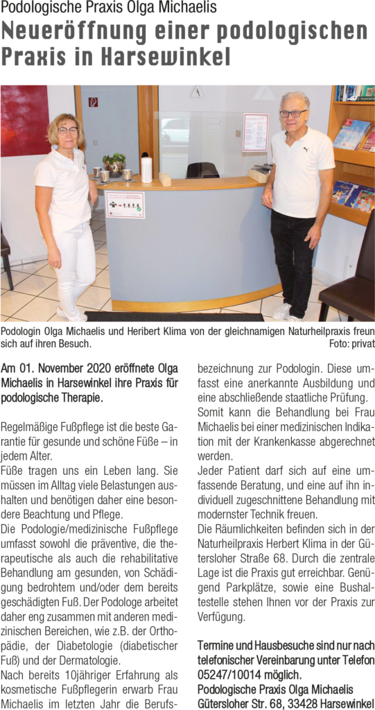 Zeitungsartikel aus dem Harsewinkler Marktplatz zur Neueröffnung der podologischen Praxis von Olga Michaelis im Jahr 2020 in Harsewinkel.